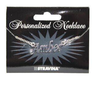 AMBER Name Silvertone Rhinestone 14.5" w 4.5" Multi Ring Ext Necklace